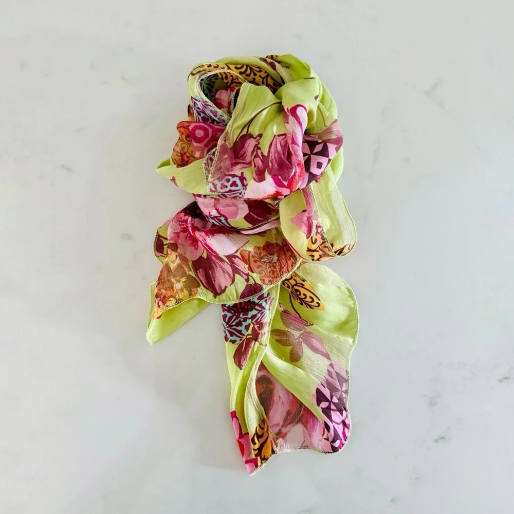 90s Vintage Marcrozier Paris Floral Print Silk Oblong Scarf Wrap, Green & Pink